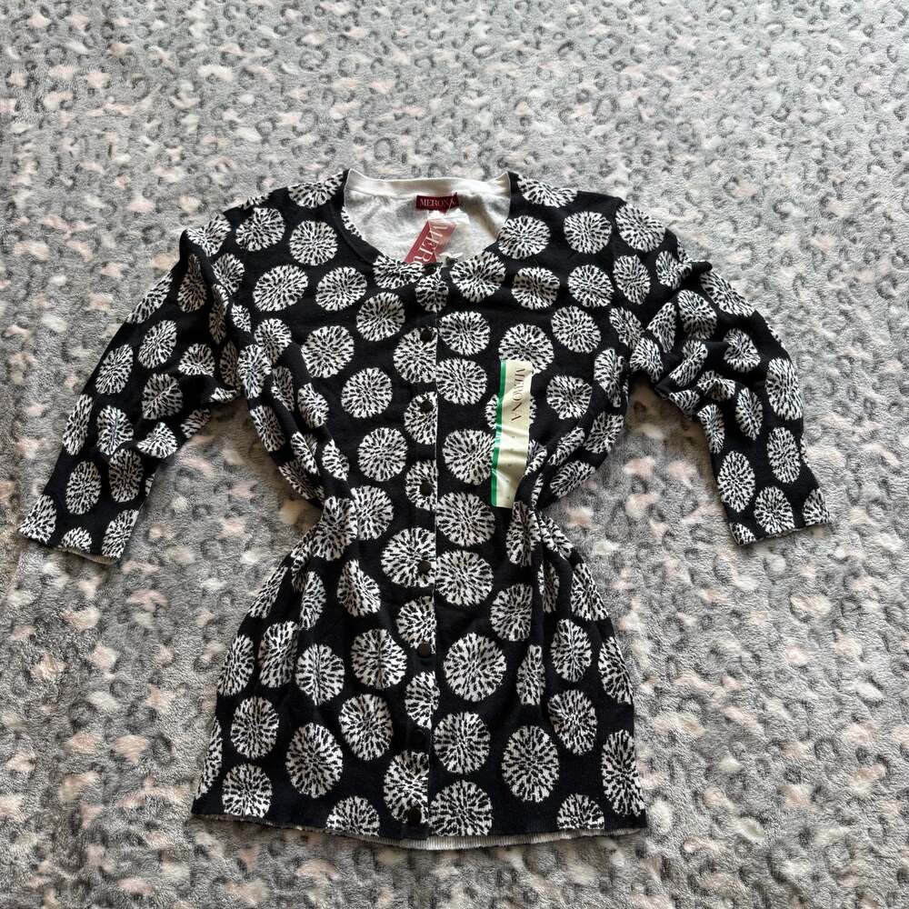 Merona Black and White Floral Dandelion Print Cardigan Sweater Size M